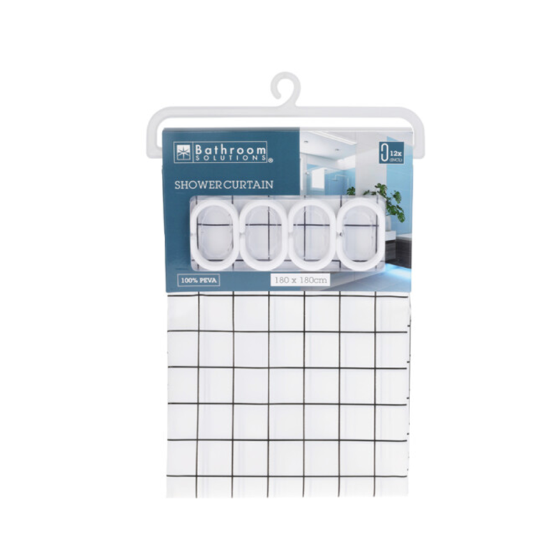 CORTINA BAÑO 180X180CM BLANCO CUADRADOS