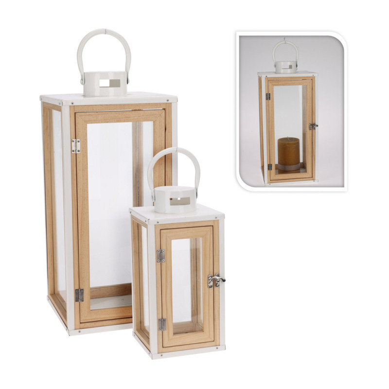 SET DE 2 FAROLES BLANCO CON MADERA